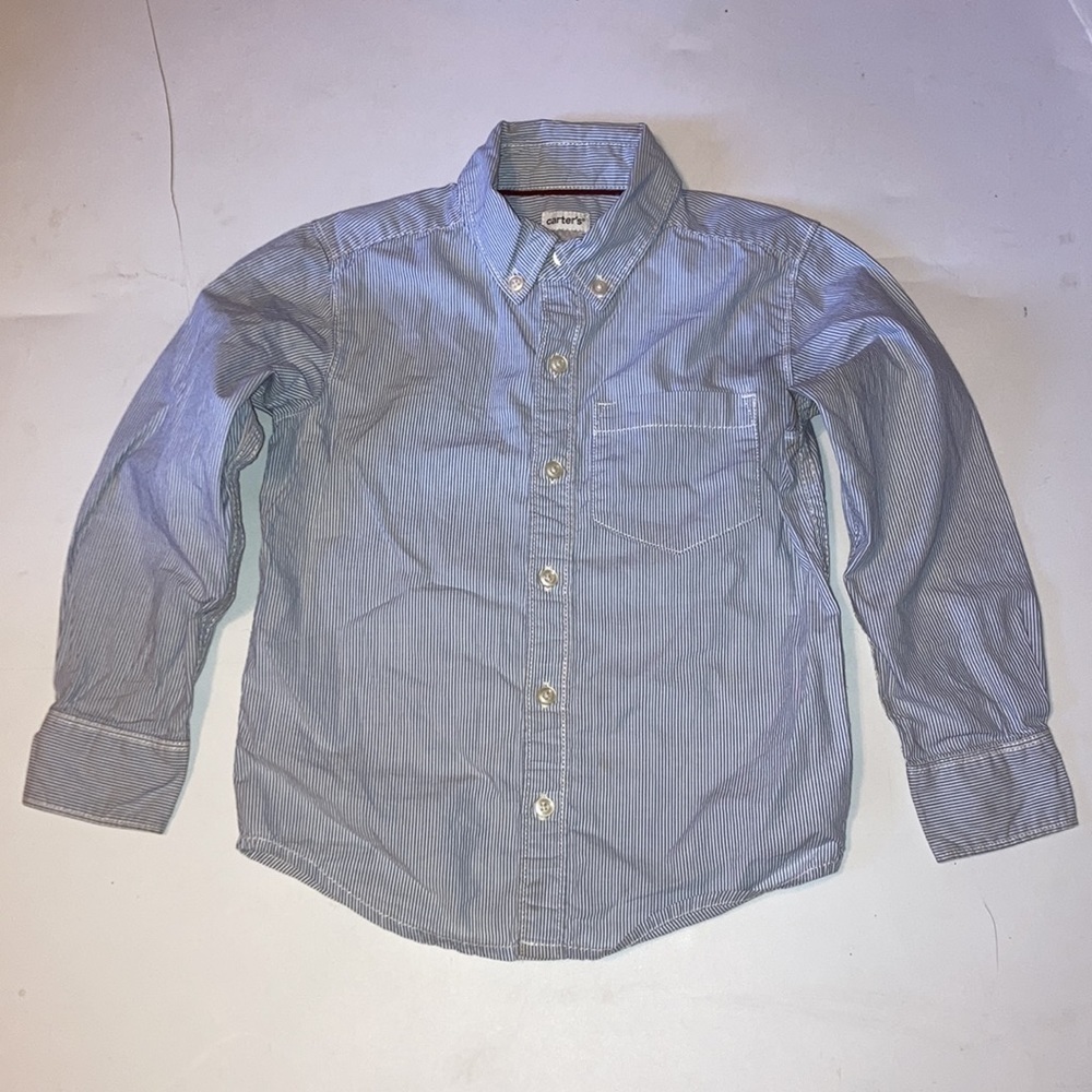 Size 4 blue and white striped long sleeves dress up button up shirt, Carter’s